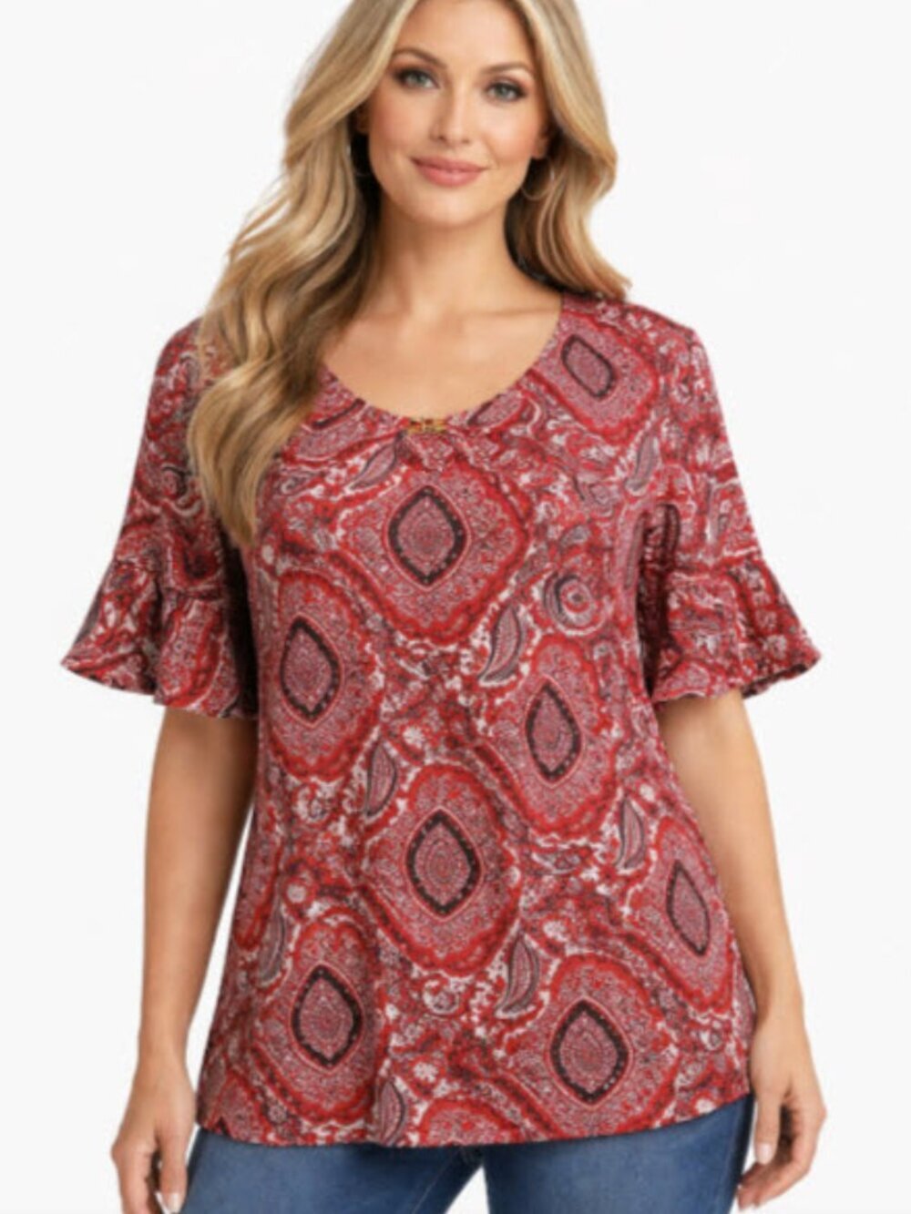 Studio Works Red Short Ruffle Sleeve Top Medium